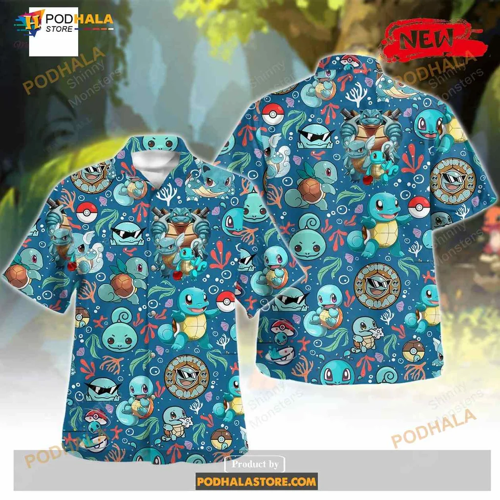 Squirtle Pattern Hawaiian Shirt, Fun Summer Design With Pokémon Elements