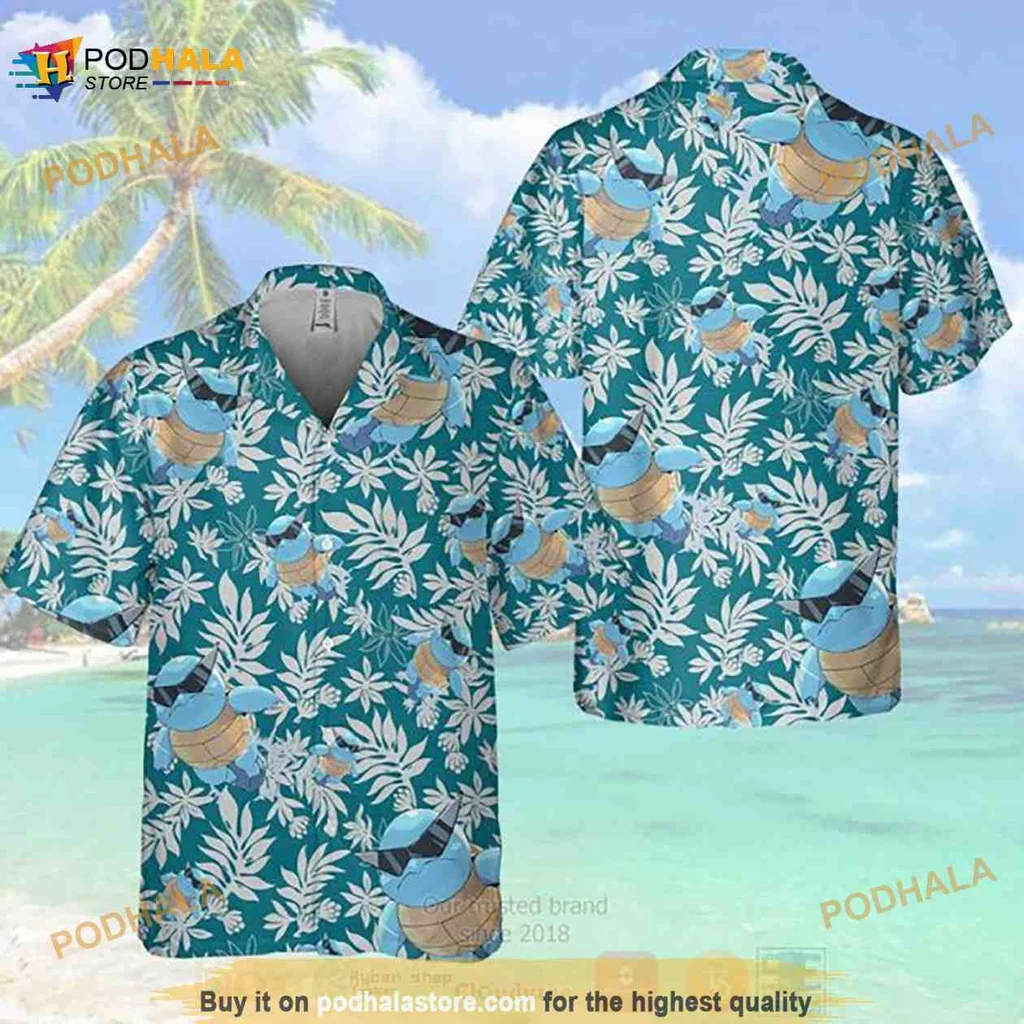Squirtle Tropical Aloha Shirt Featuring Playful Illustrations And Leafy Design