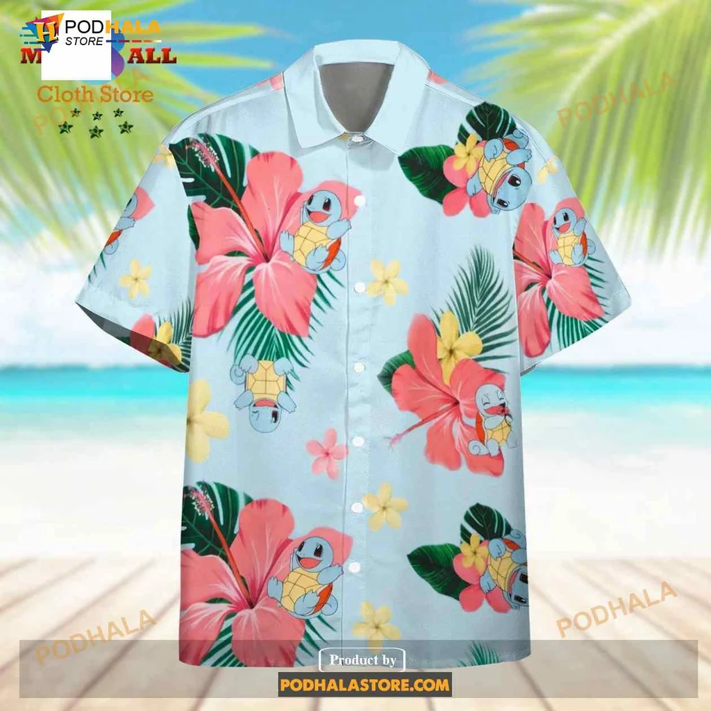 Squirtle Tropical Flowers Hawaiian Shirt With Playful Hibiscus Design