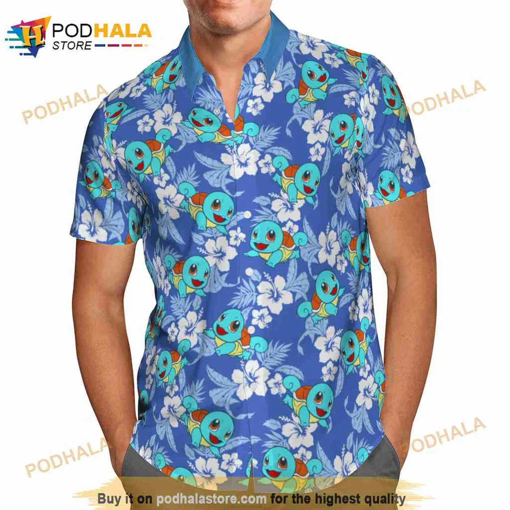 Squirtle Tropical Aloha Shirt With Hibiscus Flowers And Playful Design Squirtle Tropical Aloha Shirt With Hibiscus Flowers And Playful Design