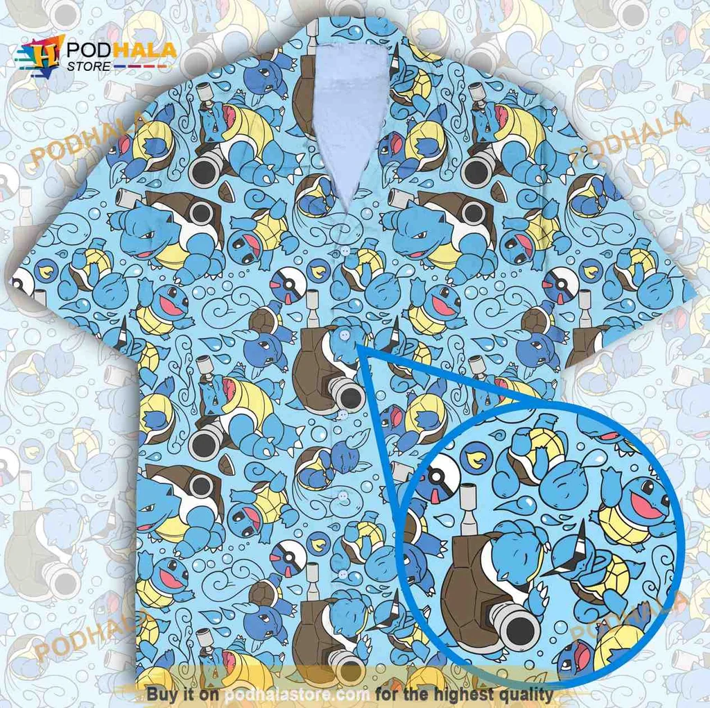 Squirtle Wartortle Blastoise Hawaiian Shirt, Fun Cartoon Pattern For Anime Fans
