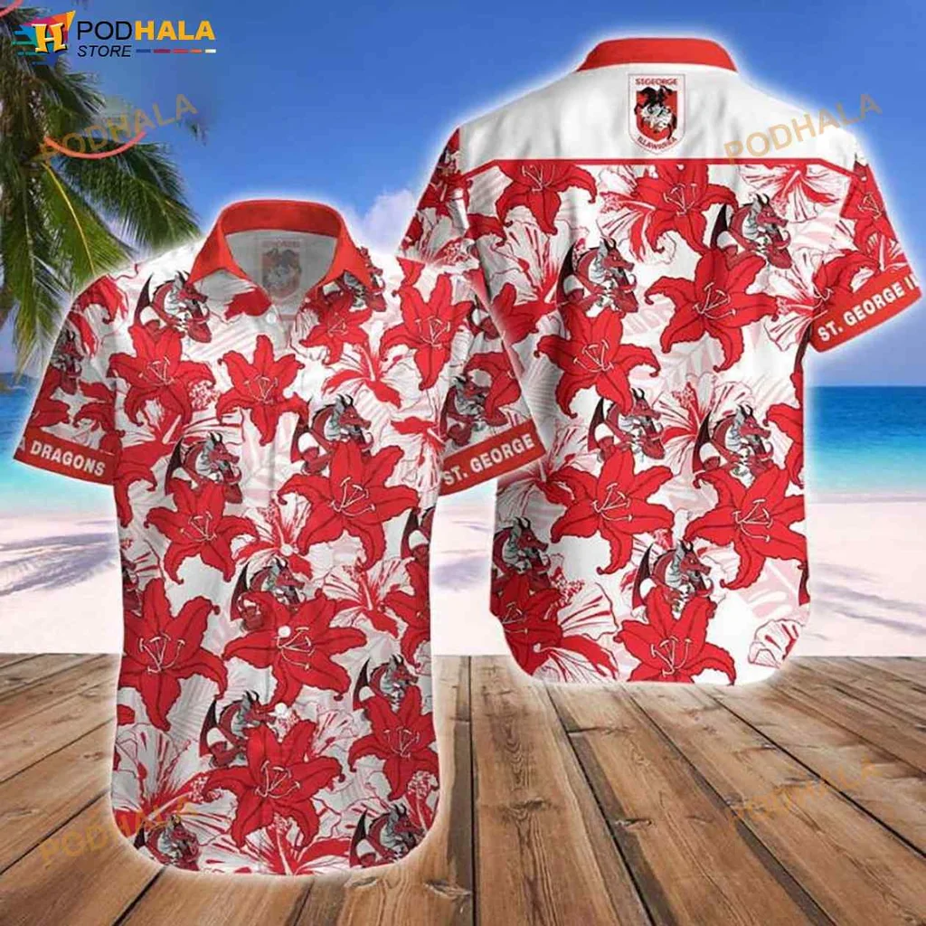 St George Dragons Hawaiian Shirt With Red Hibiscus Flowers