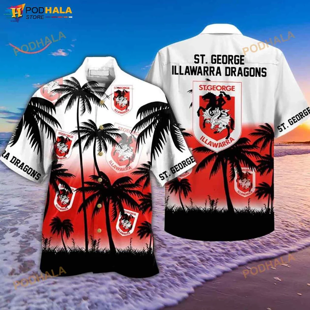 St George Illawarra Dragons Hawaiian Shirt With Tropical Sunset Design