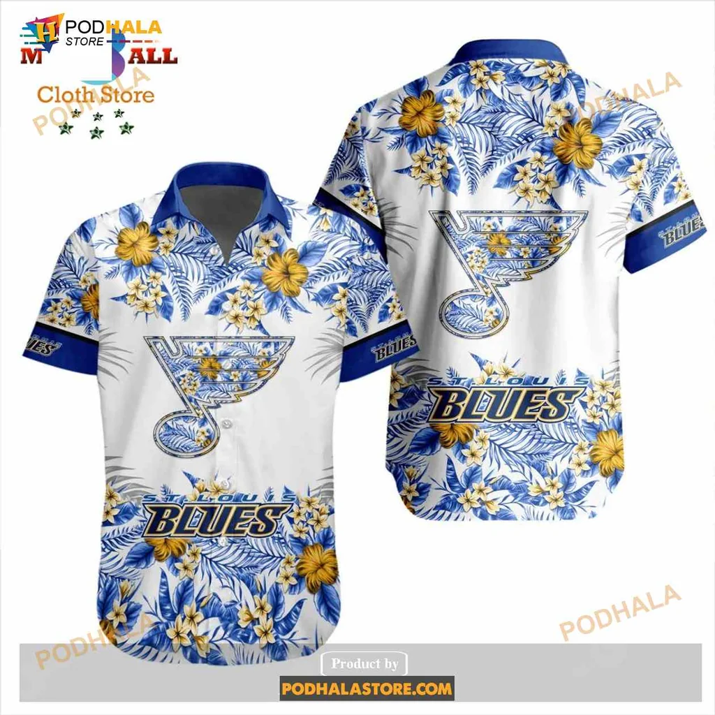 St Louis Blues Floral Hawaiian Shirt With Yellow Flowers And Tropical Leaves