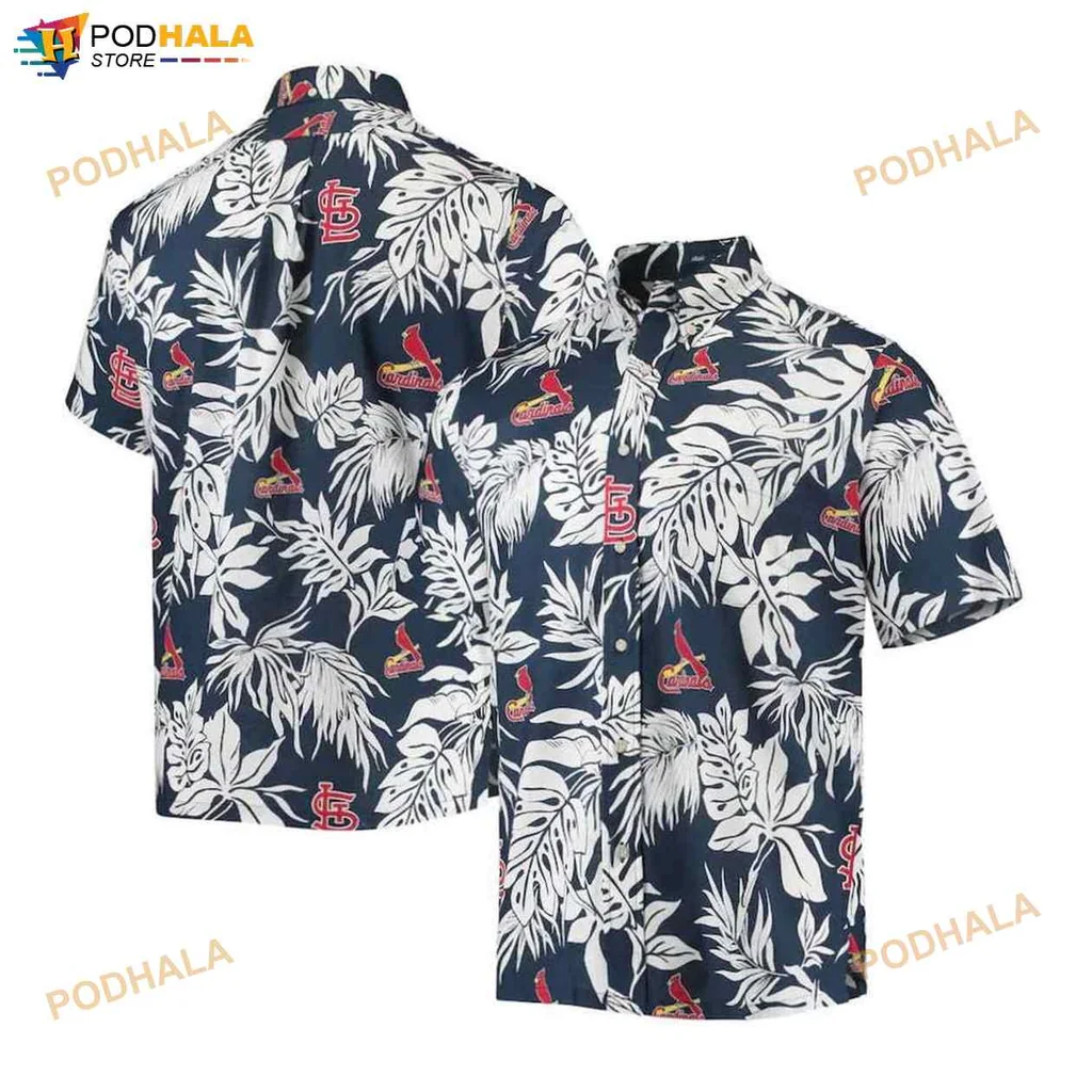 St Louis Cardinals Aloha Shirt, Navy Hawaiian Design With Tropical Leaves