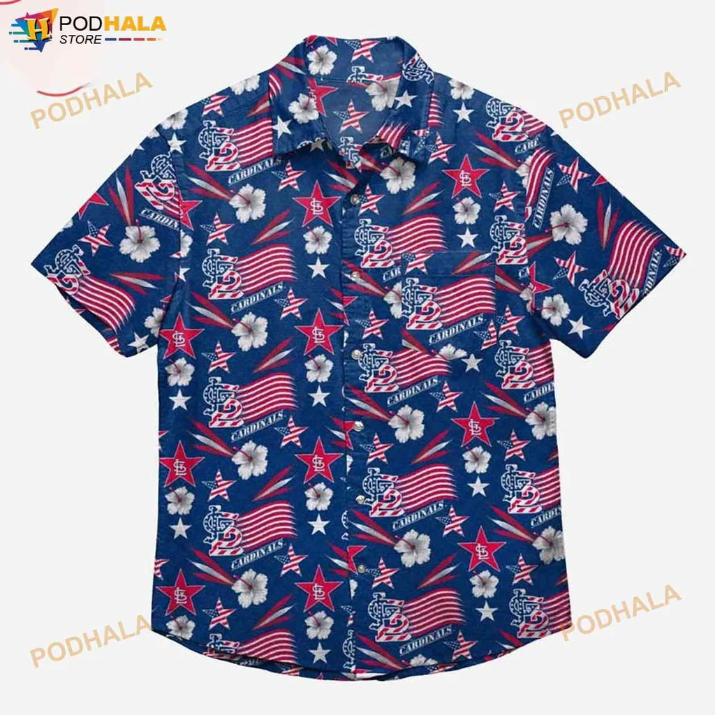St Louis Cardinals Americana Hawaiian Shirt With American Flags And Hibiscus