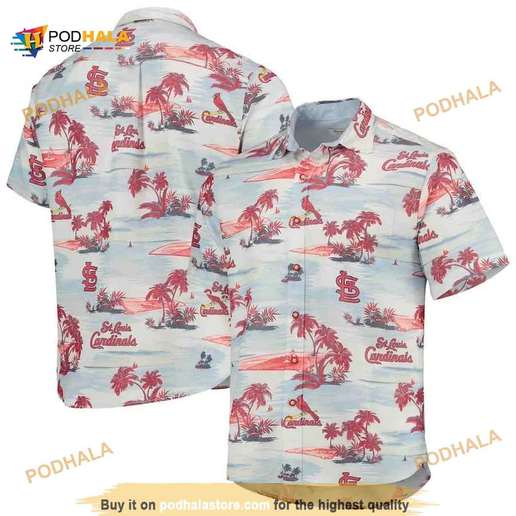 St Louis Cardinals Tropical Aloha Shirt With Palm Trees And Beach Scene