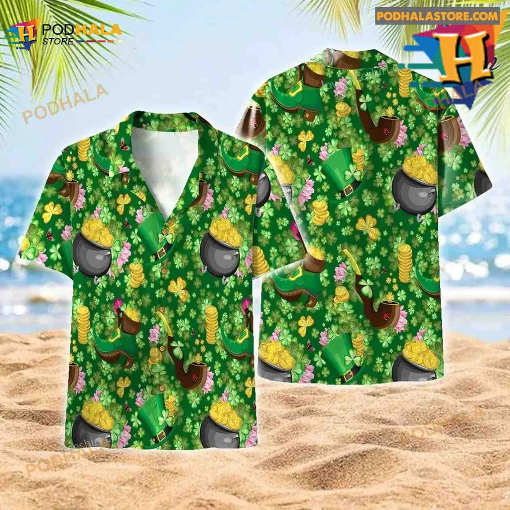 St Patricks Day Aloha Shirt With Shamrocks And Pots Of Gold
