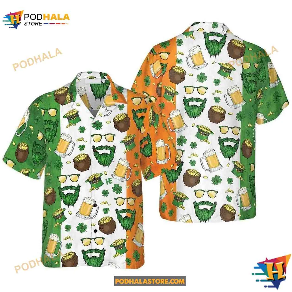 St Patricks Day Bear Hawaiian Shirt With Fun Green Beards And Shamrocks