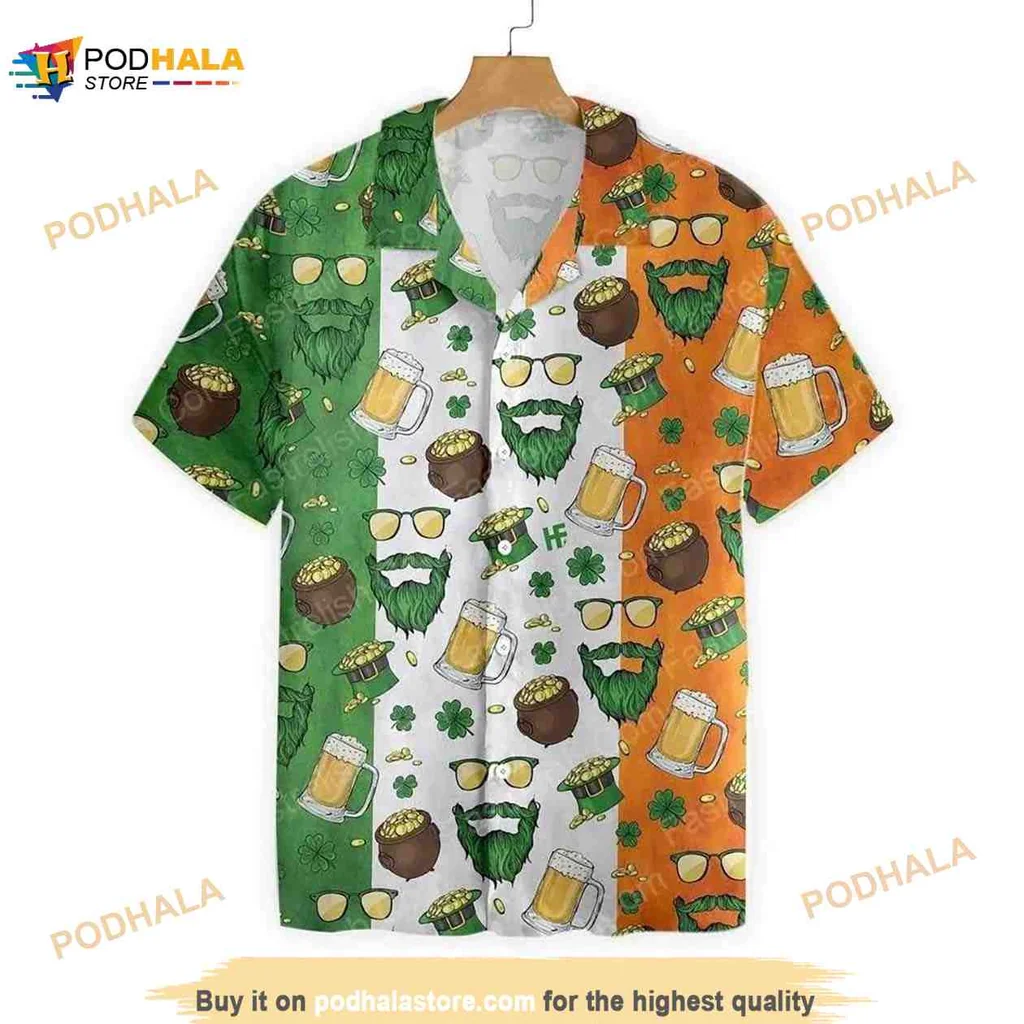 St Patricks Day Bearded Faces Hawaiian Shirt With Shamrocks And Beer