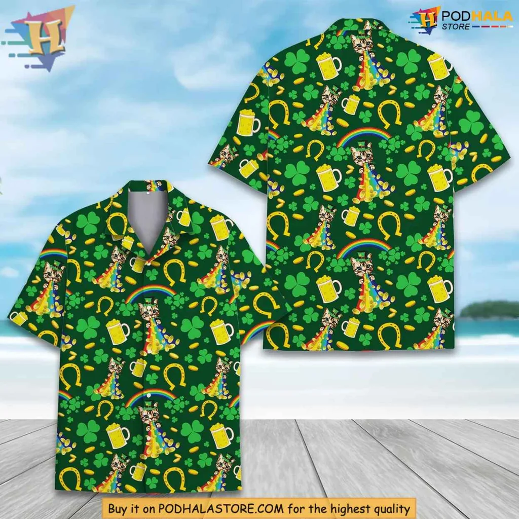 St Patricks Day Clover Hawaiian Shirt With Leprechaun Hats And Rainbows