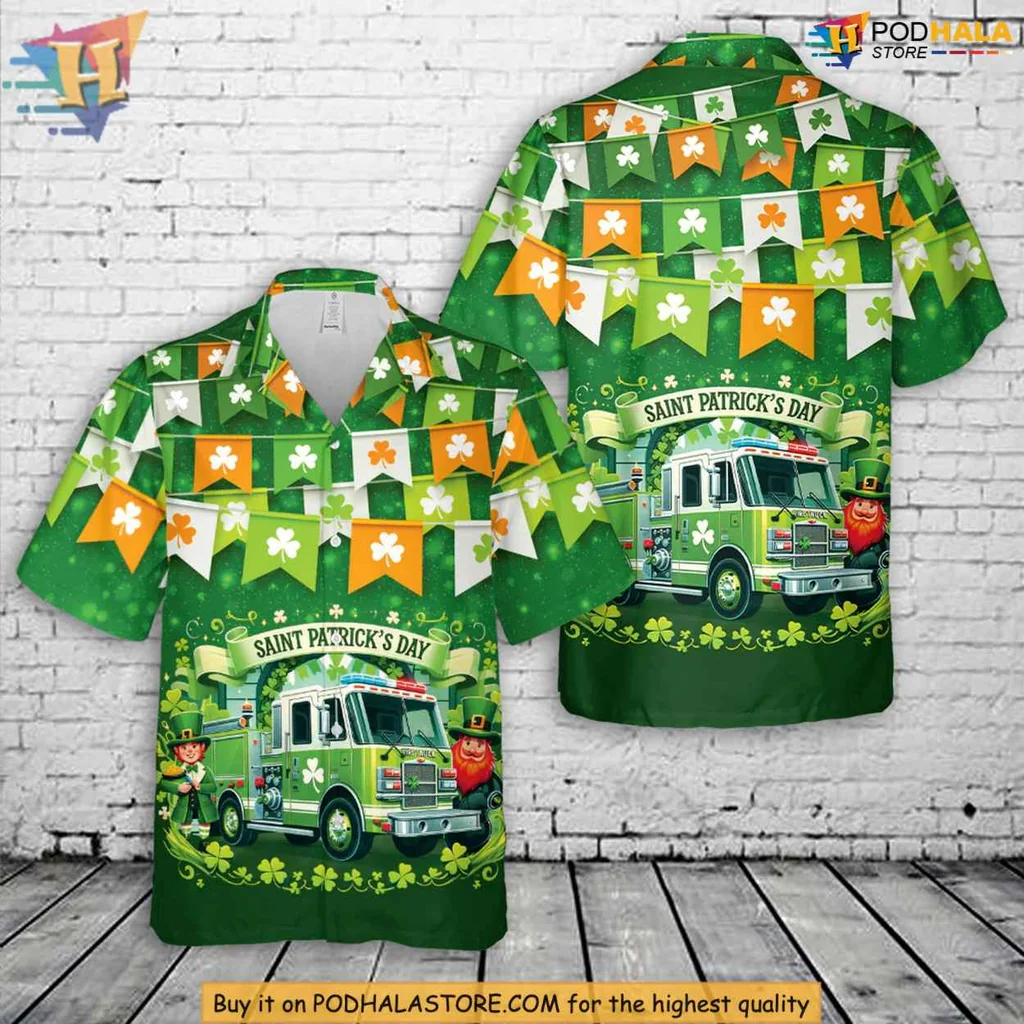St Patricks Day Fire Truck Hawaiian Shirt With Leprechaun Design