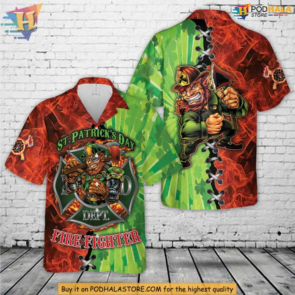 St Patricks Day Firefighter Hawaiian Shirt With Leprechaun Design