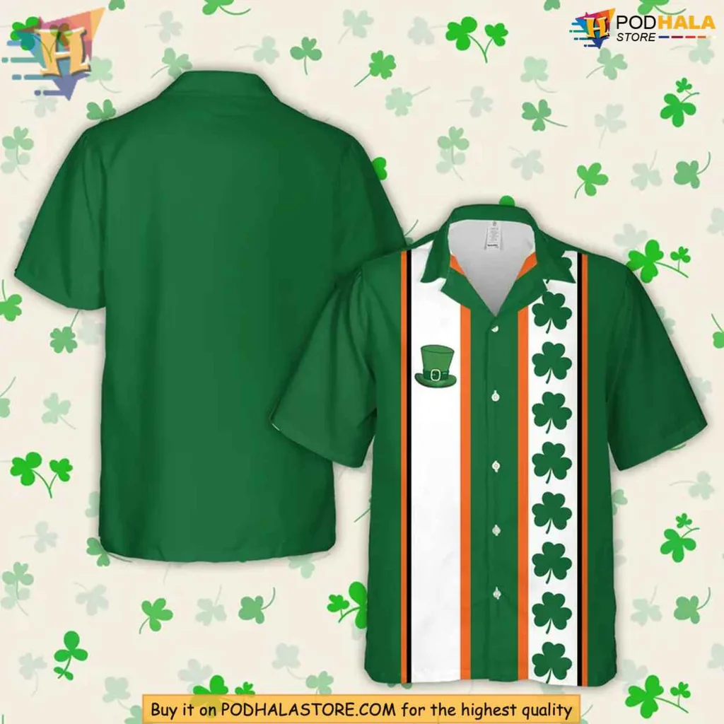 St Patricks Day Hawaiian Shirt With Shamrocks And Irish Flag Stripes