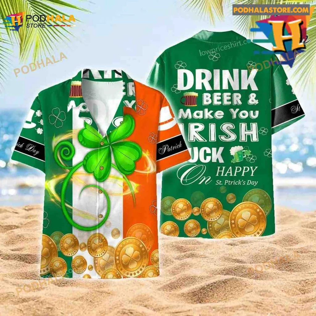 St Patricks Day Irish Aloha Shirt With Shamrock And Beer Design St Patricks Day Irish Aloha Shirt With Shamrock And Beer Design