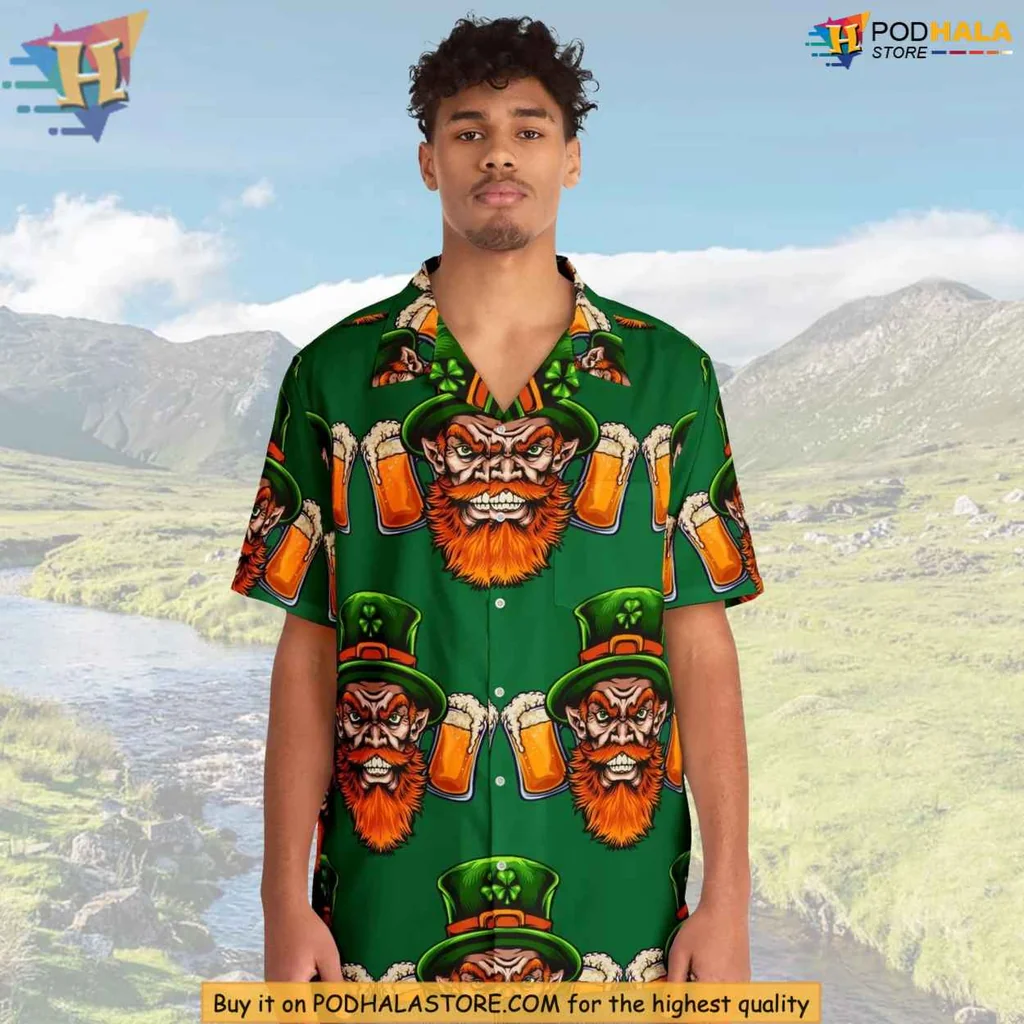 St Patricks Day Leprechaun Hawaiian Shirt With Cartoon Beer Mugs