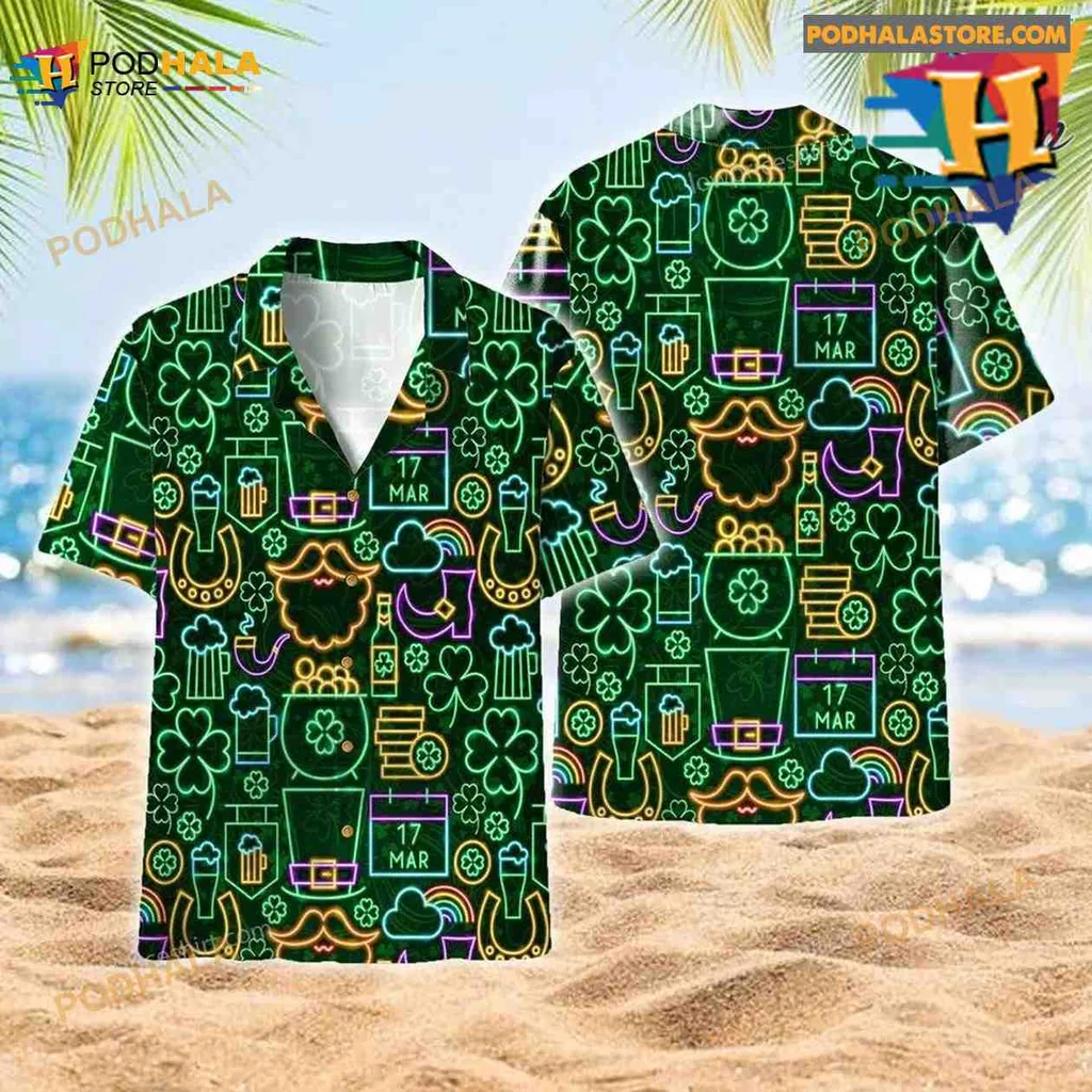 St Patricks Day Neon Aloha Shirt With Shamrocks And Leprechaun Hats