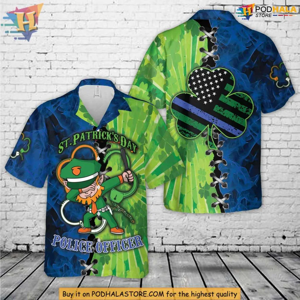 St Patricks Day Police Leprechaun Hawaiian Shirt With Shamrock Design