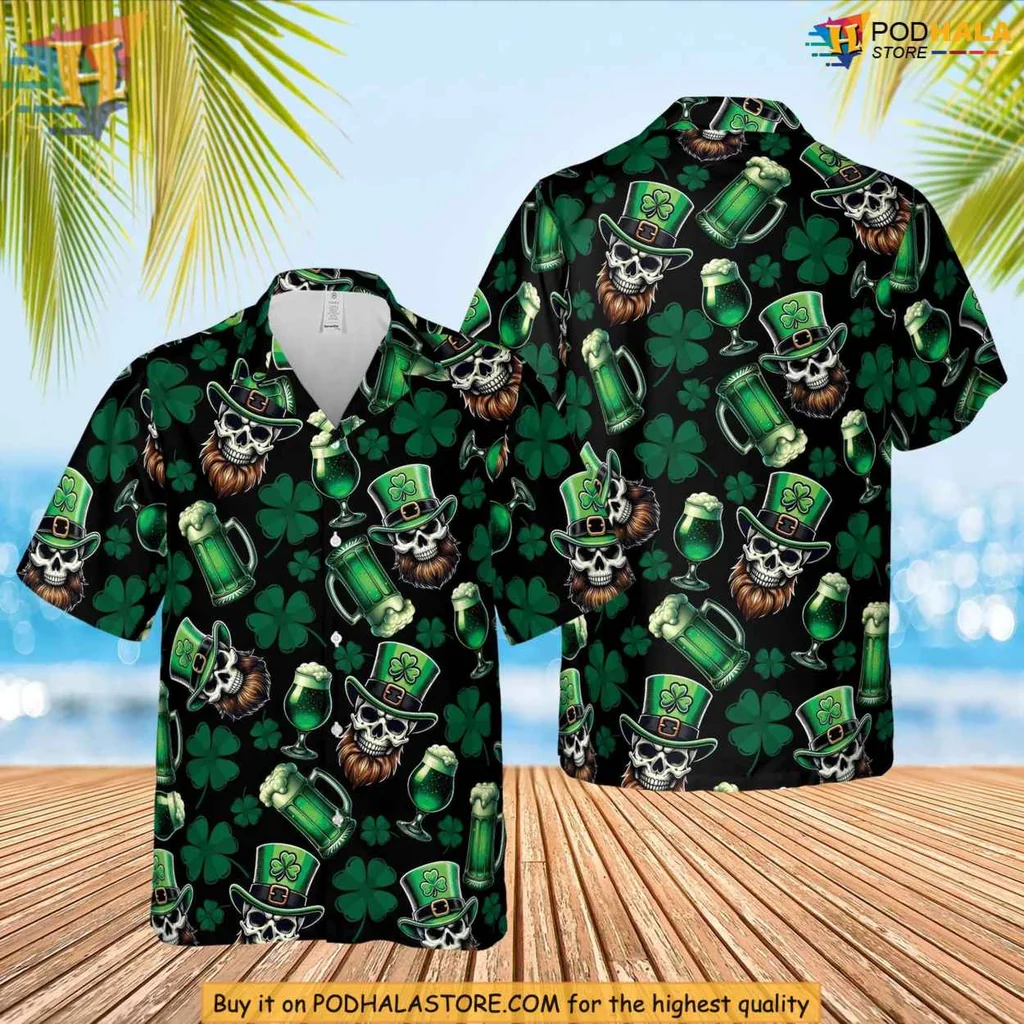 St Patricks Day Skull Hawaiian Shirt With Shamrock And Beer Mugs