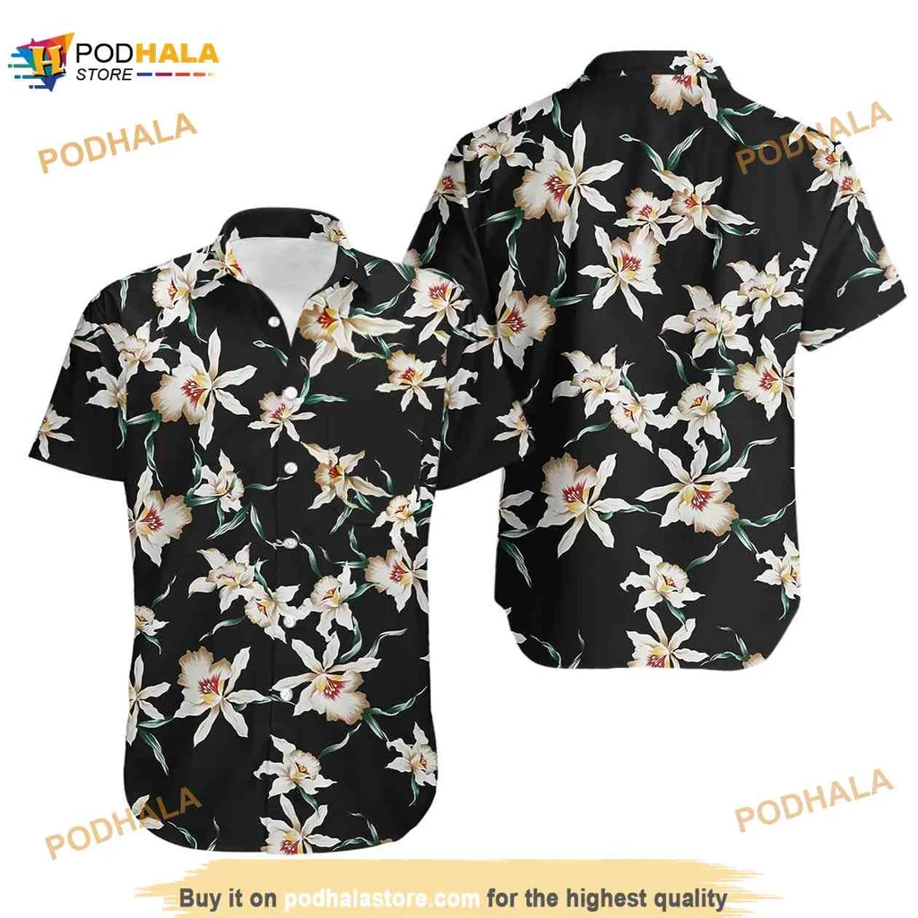 Star Orchid Floral Hawaiian Shirt With Vibrant Black Background