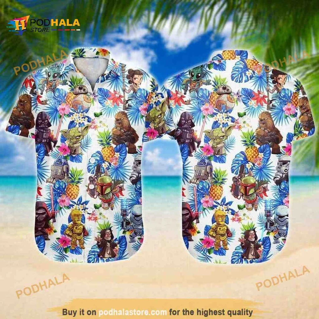 Star Wars Aloha Shirt Featuring Darth Vader Yoda R2 D2 And Tropical Print