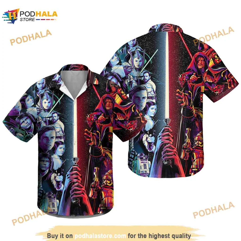 Star Wars Aloha Shirt Featuring Iconic Characters And Lightsabers