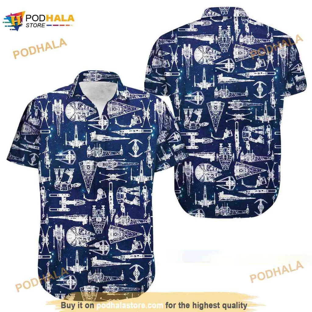 Star Wars Aloha Shirt Featuring Iconic Spacecraft In Navy Blue