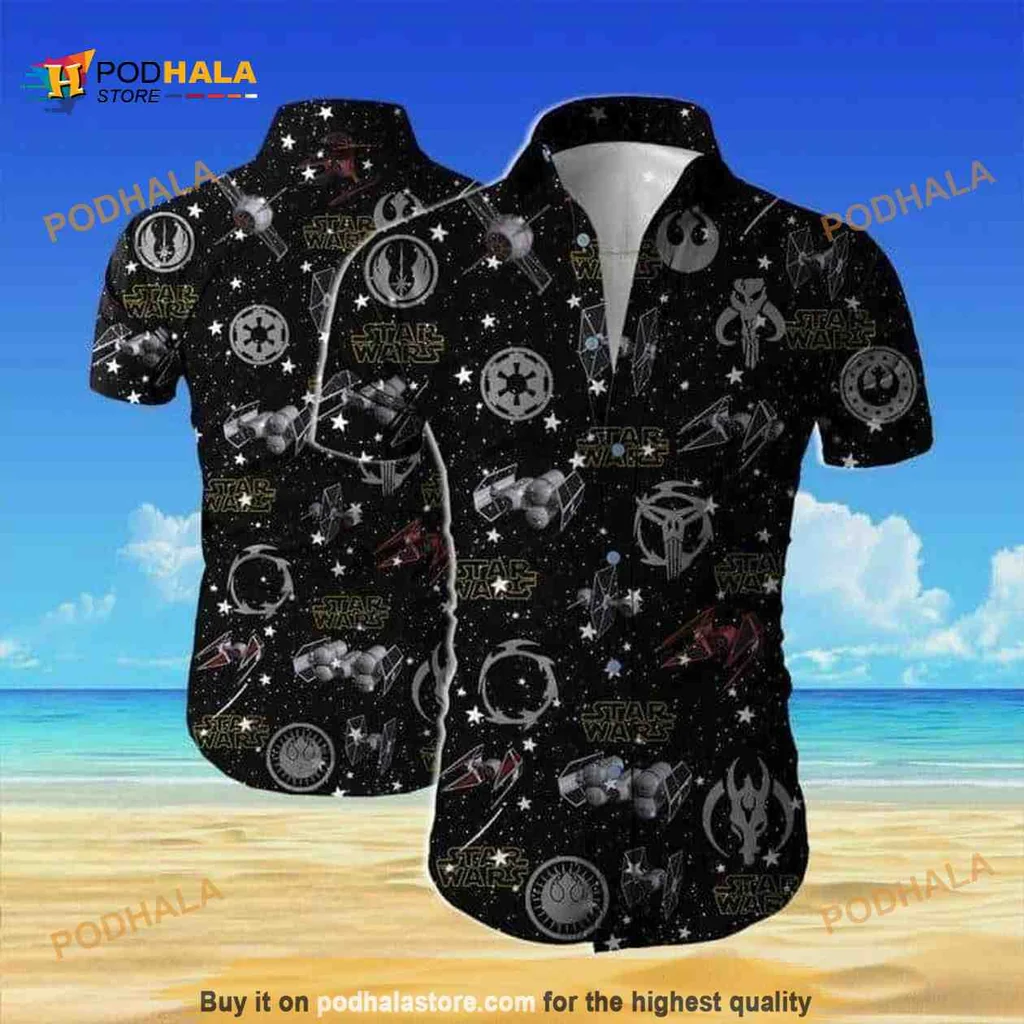 Star Wars Aloha Shirt Featuring Iconic Symbols And Starships