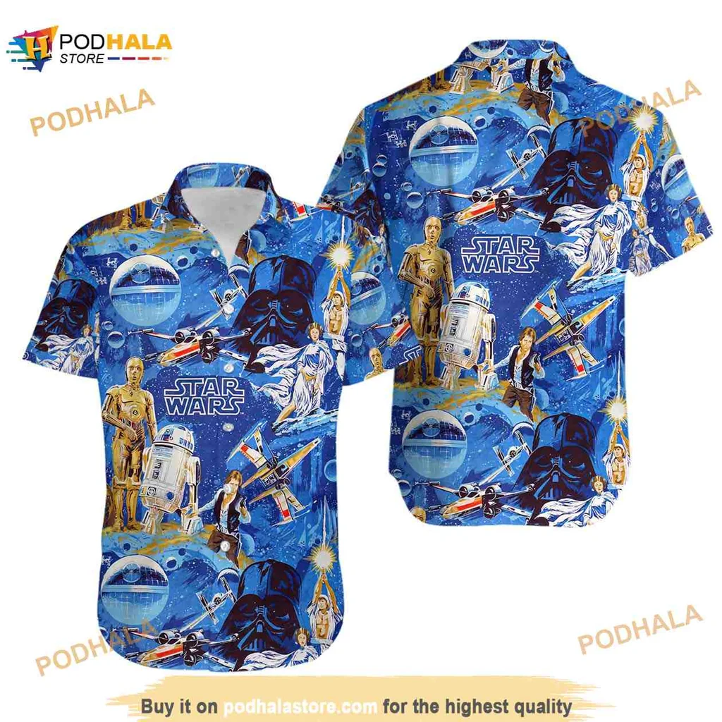 Star Wars Cartoon Hawaiian Shirt Featuring Darth Vader And R2 D2