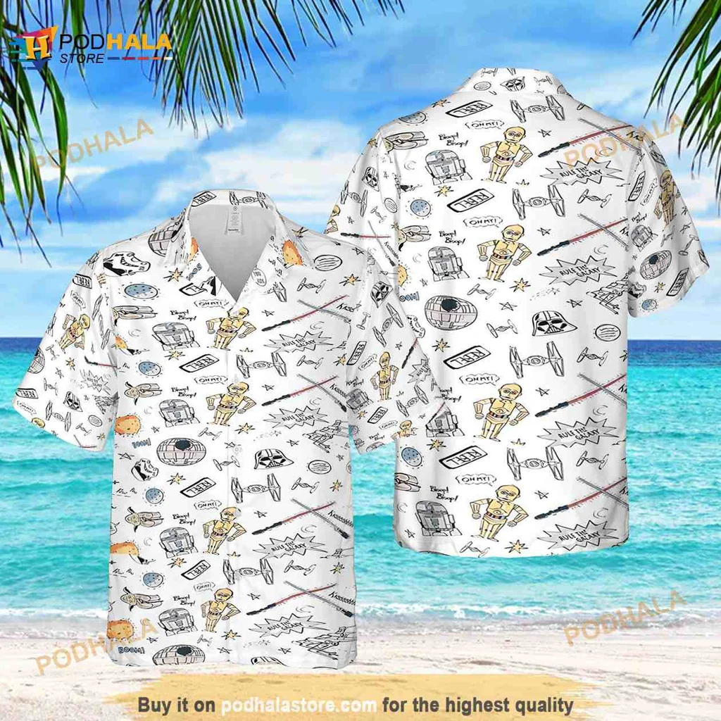 Star Wars Cartoon Hawaiian Shirt With Droids And Starships
