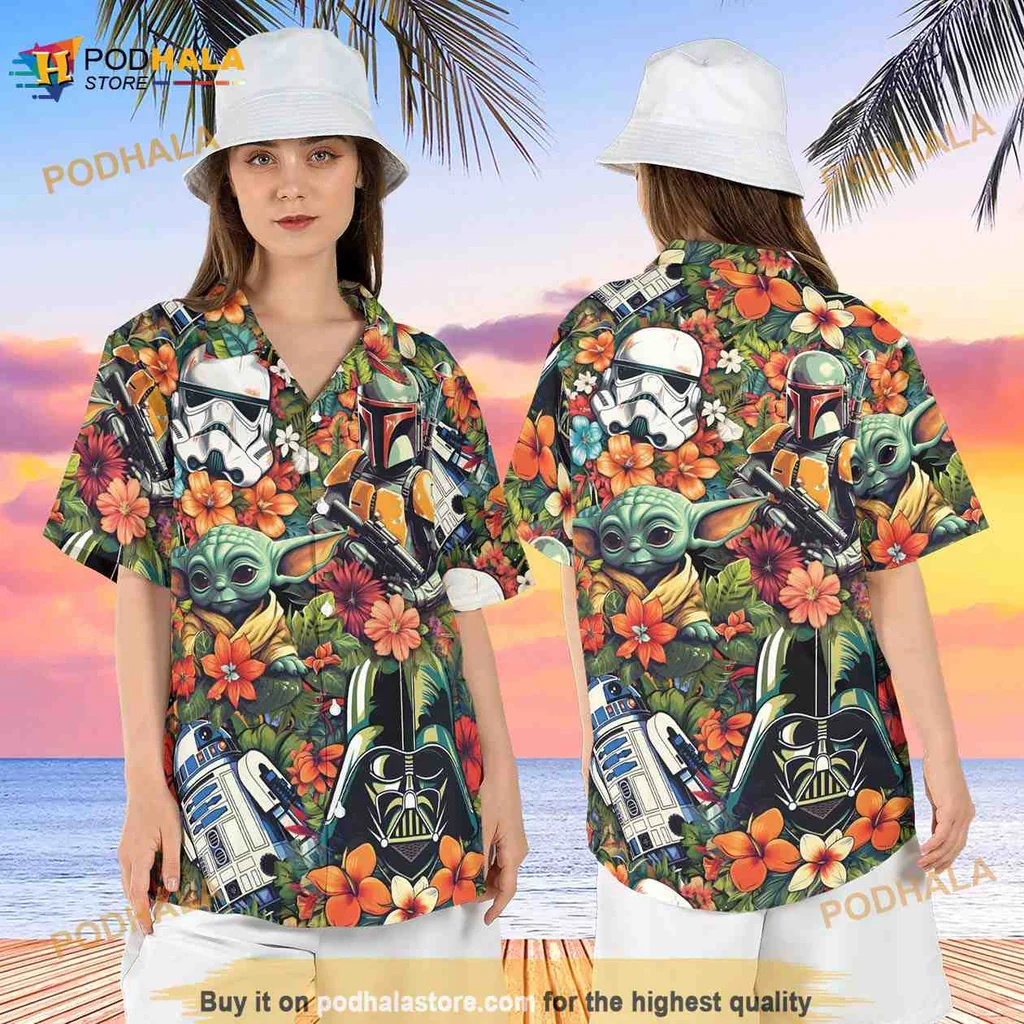 Star Wars Floral Aloha Shirt Featuring Baby Yoda And Darth Vader
