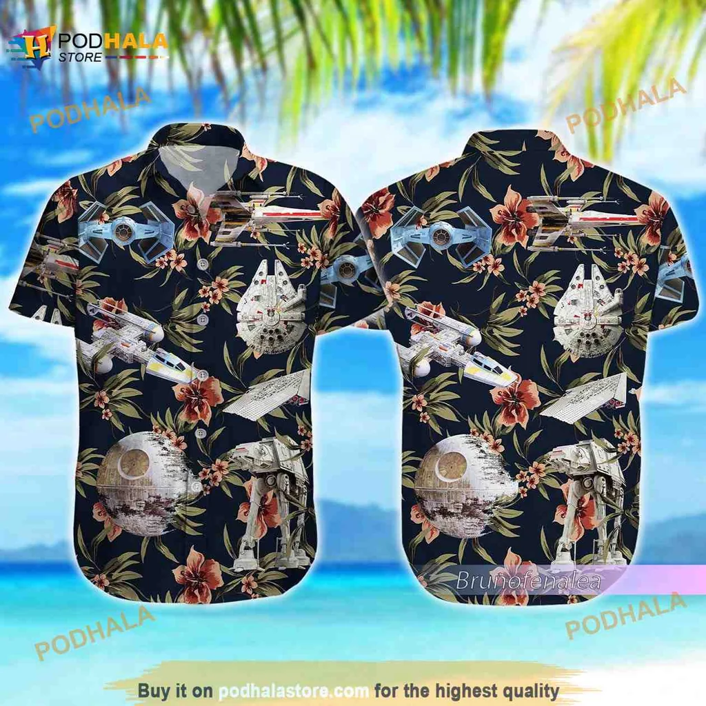 Star Wars Floral Hawaiian Shirt Featuring Millennium Falcon And Death Star