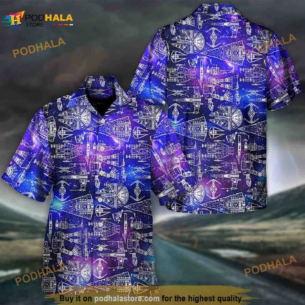 Star Wars Galaxy Hawaiian Shirt Featuring Colorful Starship Silhouettes