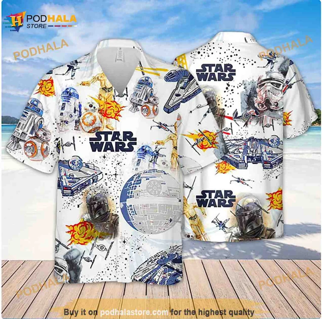 Star Wars Spaceship Hawaiian Shirt Featuring Iconic Characters And Droids