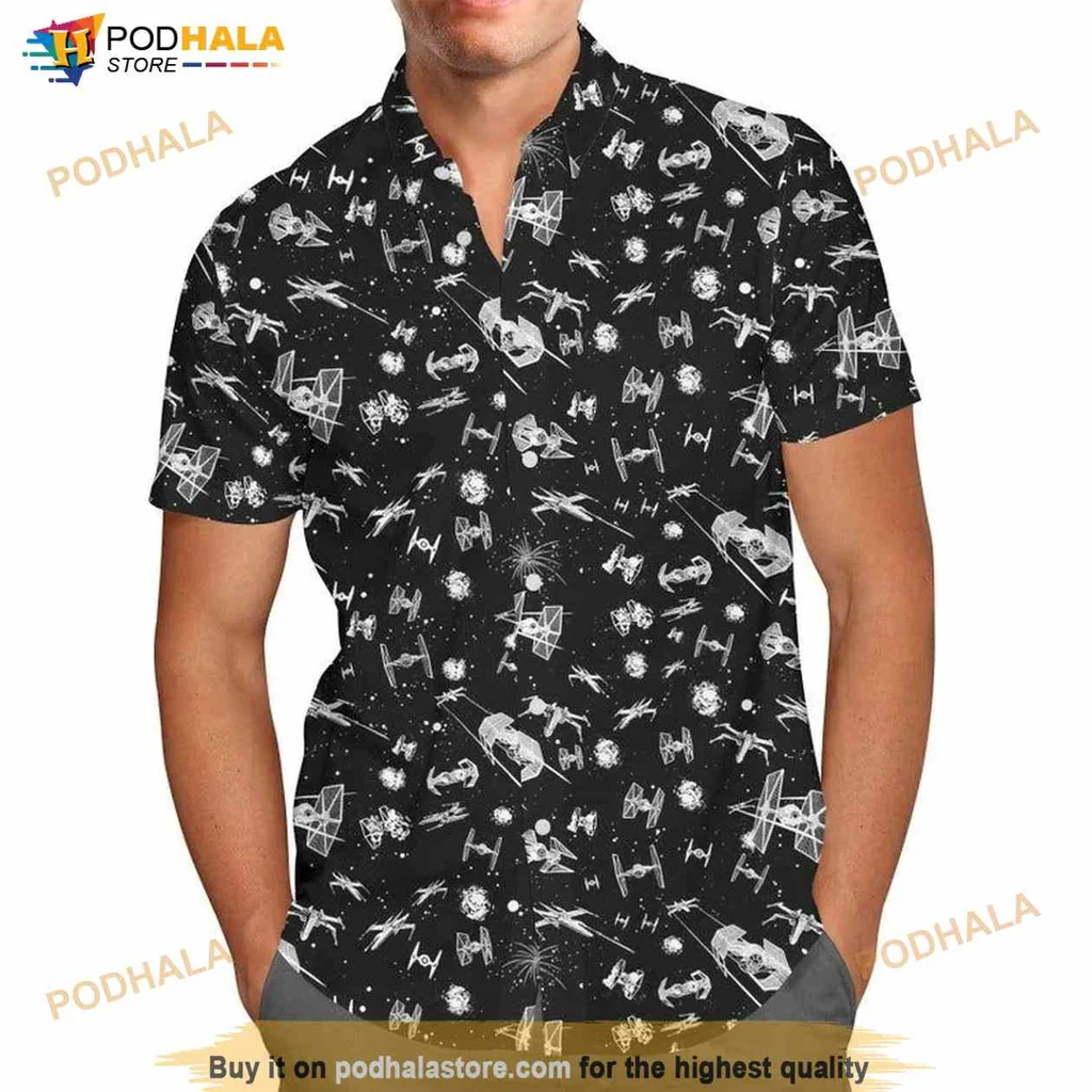 Star Wars Spaceship Hawaiian Shirt With Cartoon Tie And X Wing Fighters