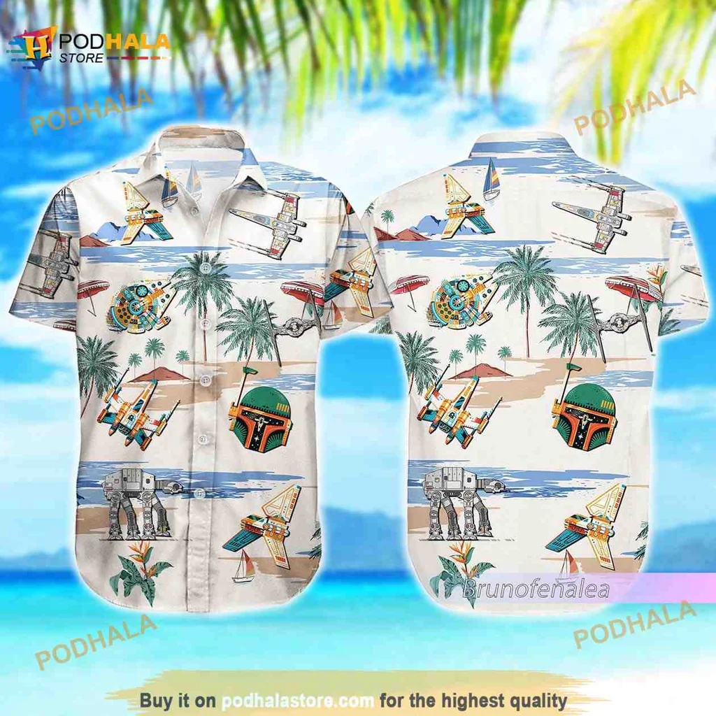 Star Wars Tropical Aloha Shirt Featuring Iconic Starships And Beach Scenes