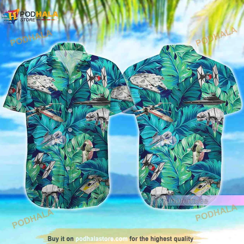 Star Wars Tropical Aloha Shirt Featuring Iconic Starships And Green Foliage