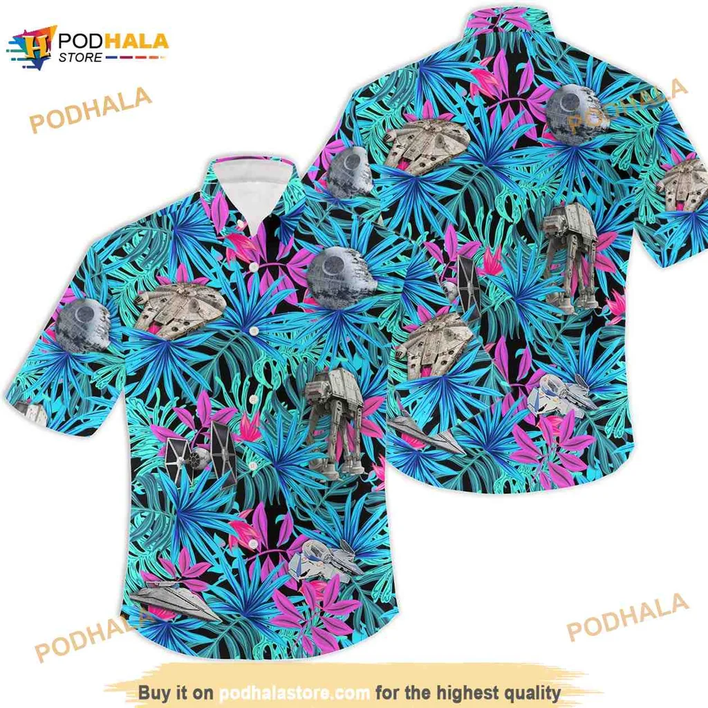 Star Wars Tropical Aloha Shirt Featuring Millennium Falcon And At At Walkers