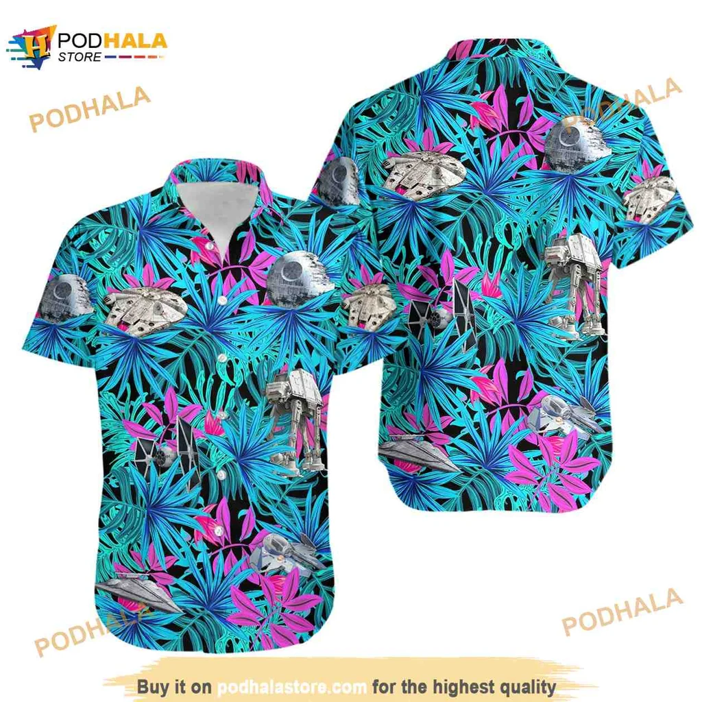 Star Wars Tropical Aloha Shirt With Millennium Falcon And Death Star Design