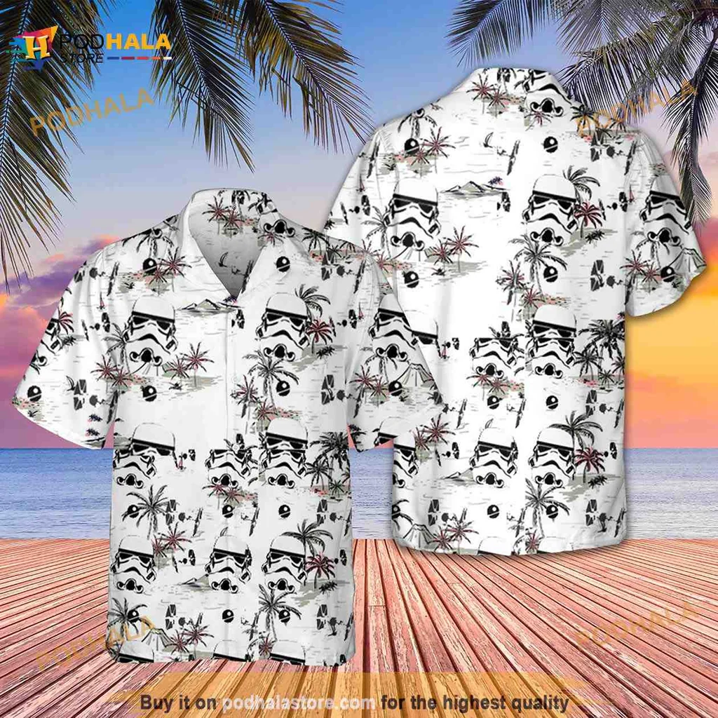 Star Wars Tropical Aloha Shirt With Stormtrooper Helmets And Palm Trees
