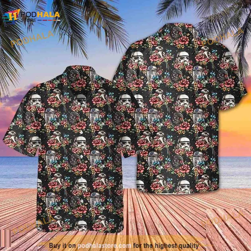 Star Wars Tropical Floral Hawaiian Shirt Featuring Stormtrooper Helmets