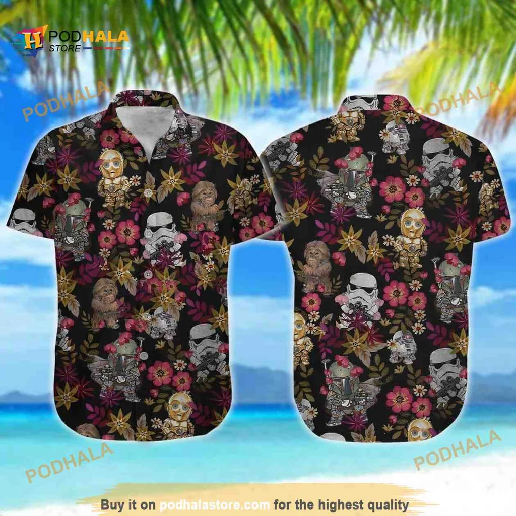 Star Wars Tropical Floral Hawaiian Shirt Featuring Wicket Boba Fett R2 D2