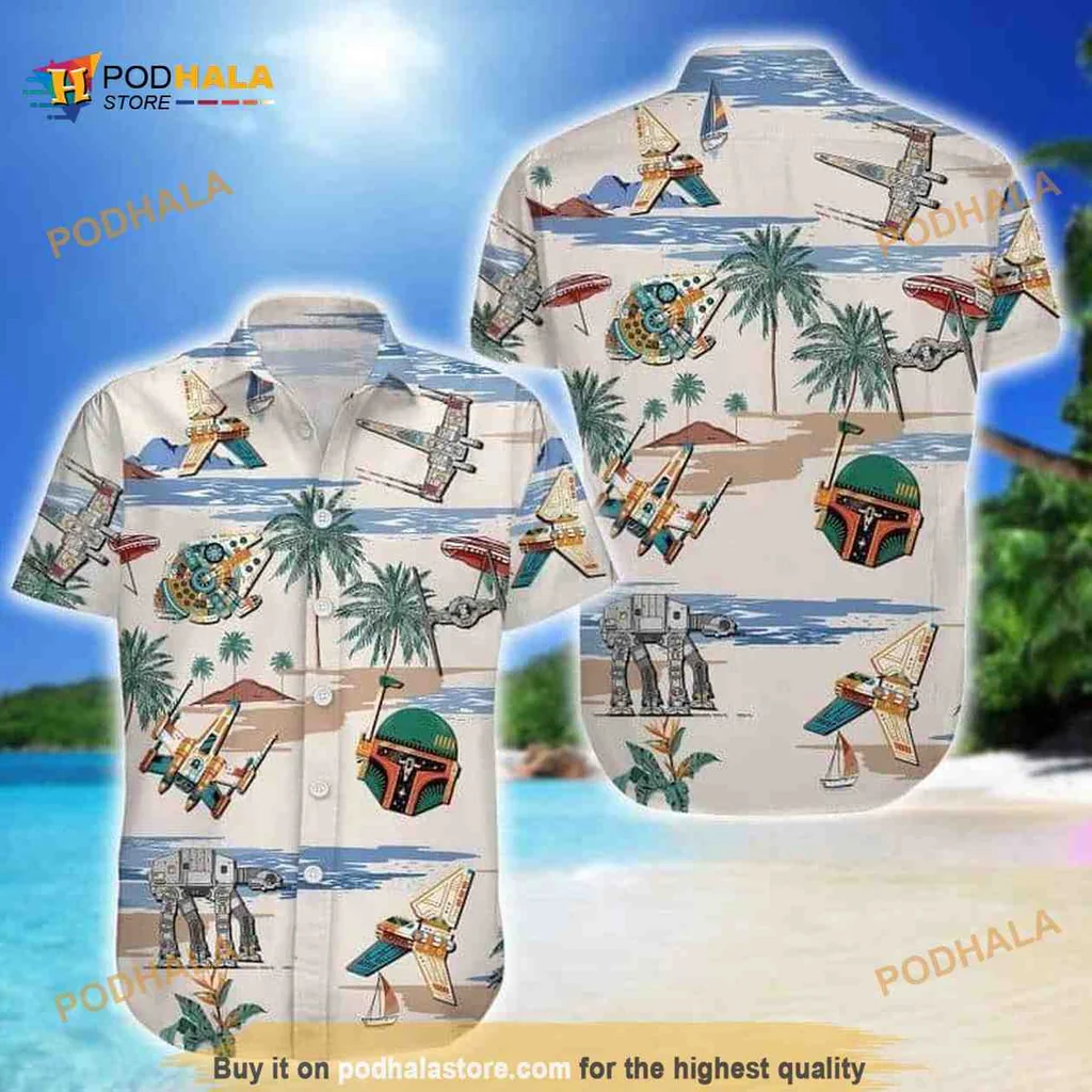 Star Wars Tropical Hawaiian Shirt Featuring Iconic Spacecraft And Beach Scenes