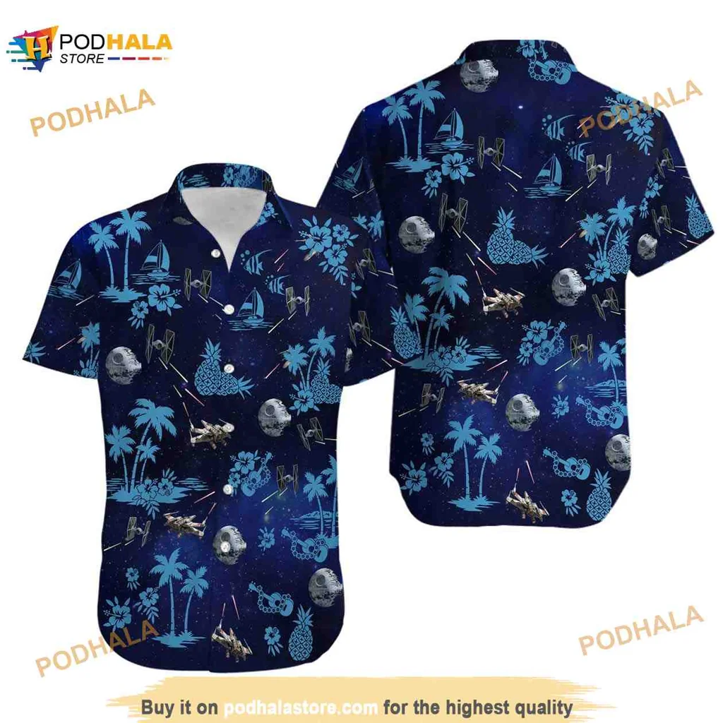 Star Wars Tropical Hawaiian Shirt Featuring Iconic Spacecraft And Palm Trees