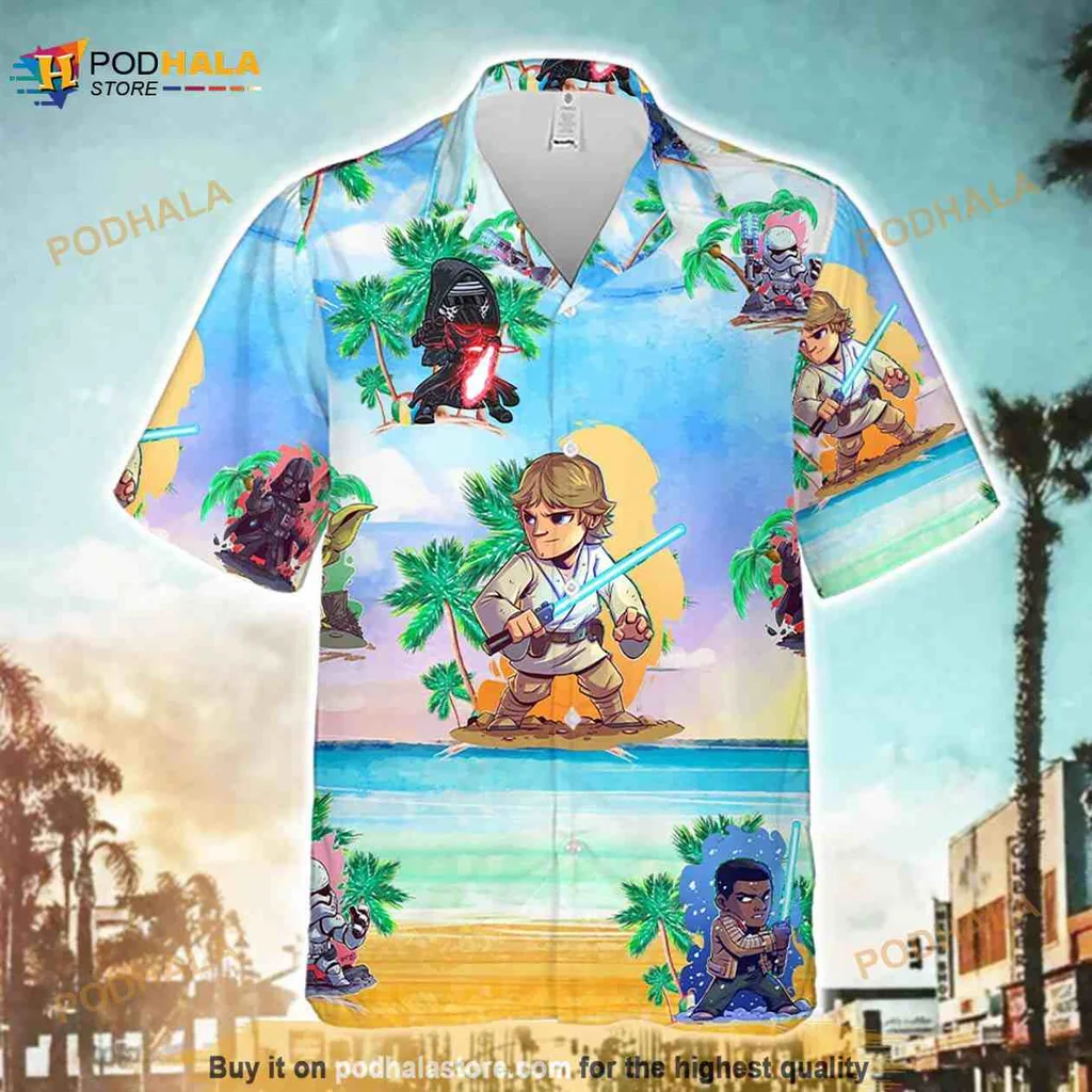 Star Wars Tropical Hawaiian Shirt With Cartoon Characters And Beach Scene