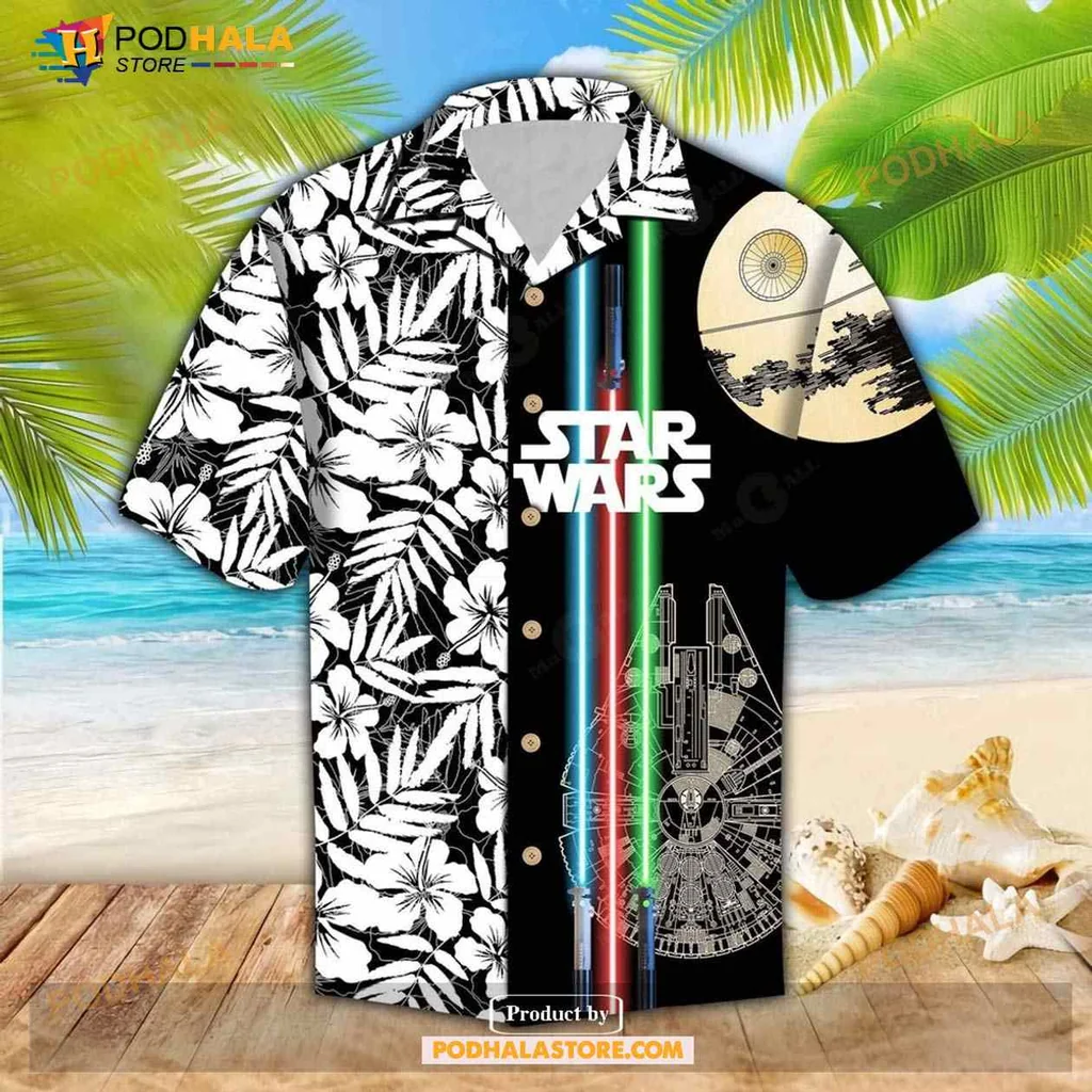 Star Wars Tropical Hawaiian Shirt With Millennium Falcon And Lightsaber Design