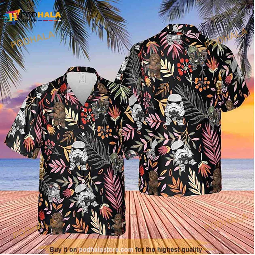 Star Wars Tropical Hawaiian Shirt With Stormtrooper Helmets And Floral Design