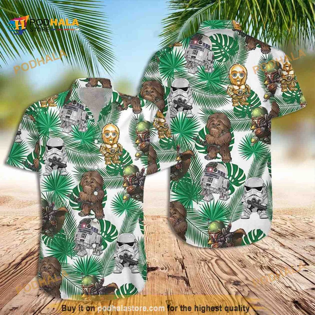 Star Wars Tropical Leaves Hawaiian Shirt Featuring Chewbacca And Stormtrooper