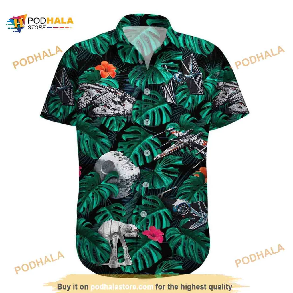 Star Wars Tropical Palm Leaves Hawaiian Shirt Featuring Iconic Starships
