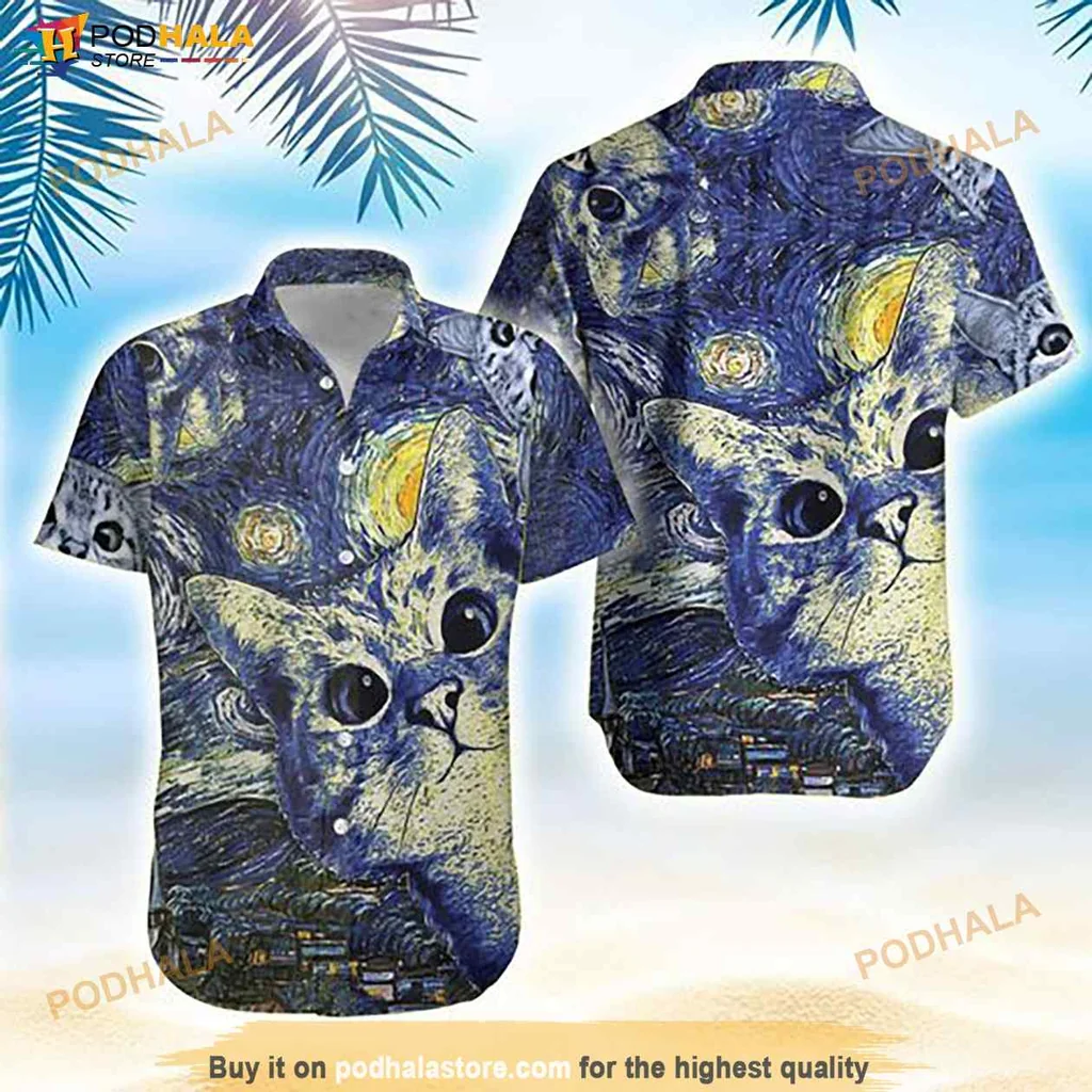 Starry Cats Hawaiian Shirt, Whimsical Cat Design Inspired By Van Goghs Art